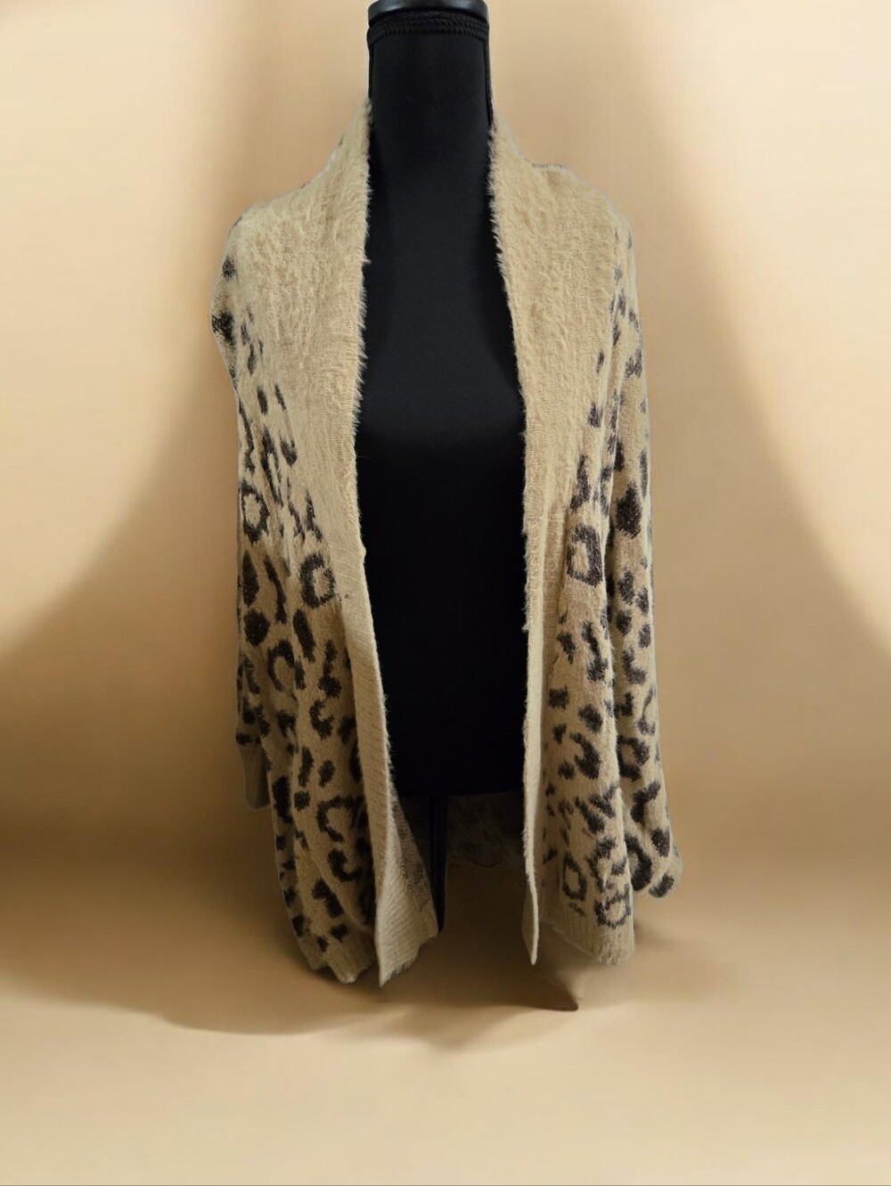 Beige Leopard Print Open-Front Womens Sweater Cardigan By Bucket List  Size L
